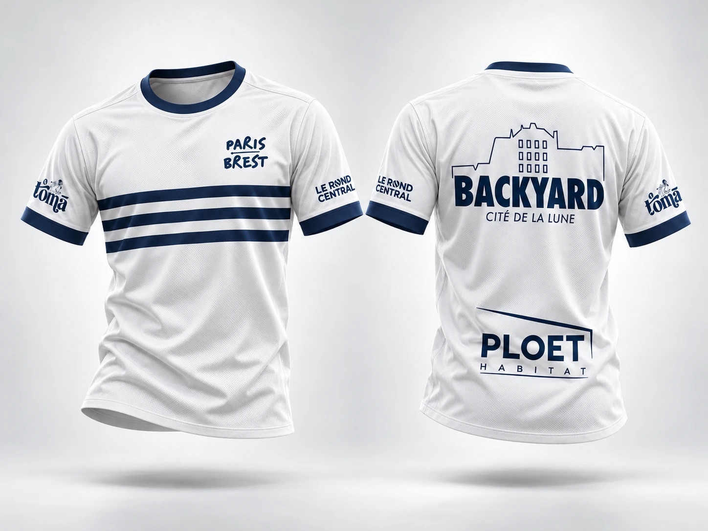 Le maillot de l’édition, blanc à bords bleu marine, de face et de dos. Devant : « Paris Brest » et trois bandes bleues, Ō Tōmā et Le Rond Central sur les manches. Dos : « Backyard — Cité de la Lune » sous le tracé de la maison de la Duchesse Anne, et le logo Ploet Habitat.
