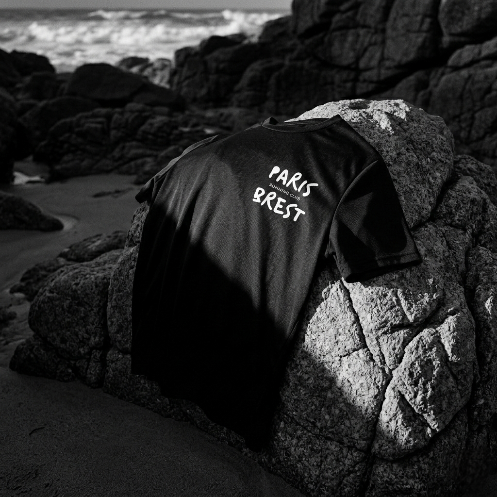 T-shirt Paris-Brest Running Club sur les rochers bretons